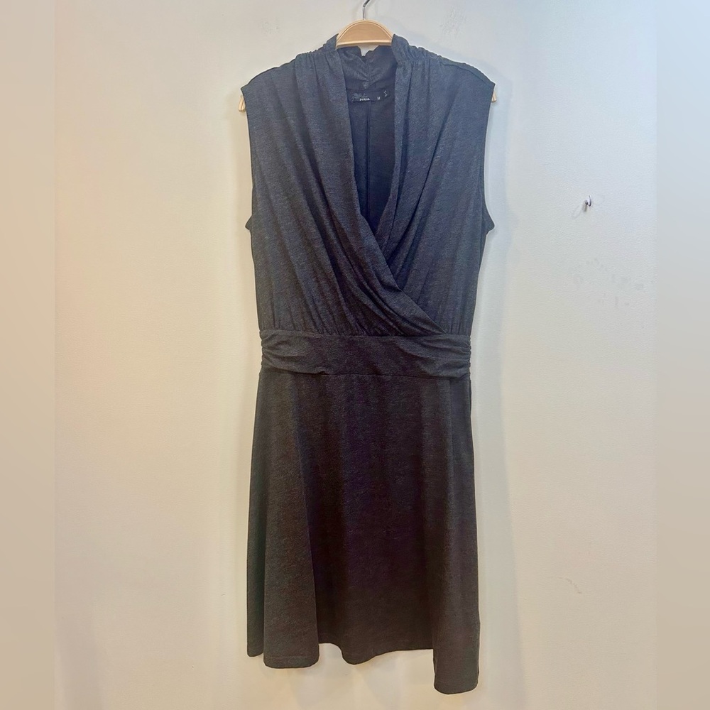 Prana M Charcoal Gray A-Line Dress Sleeveless V Neck Wrap Midi Organic Cotton